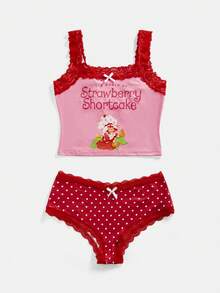 Strawberry Shortcake | ROMWE 女士撞色蕾丝卡通图案无钢圈文胸和波点蝴蝶结内裤套装 - 彩色 - 查看 1