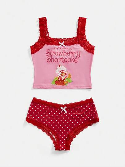 Strawberry Shortcake | ROMWE Bộ áo ngực không dây họa tiết hoạt hình ren tương phản và quần lót nơ chấm bi cho nữ