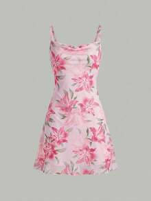 SHEIN Girlism 少女碎花网纱吊带优雅连衣裙 - 粉色 - 查看 6