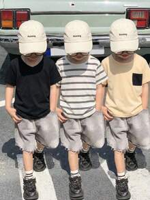 SHEIN 3件組小男孩夏季條紋拼色休閒可愛多件式上衣T恤，適合度假、上學、旅行 - 彩色 - 查看 5