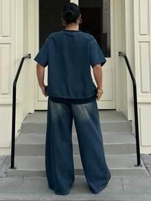 Dazy Plus 2pcs Plus Size Women Washed Blue Letter Embroidery Loose Long Sleeve Top And Pants Denim Set, Spring/Autumn - Dark Wash - View 2