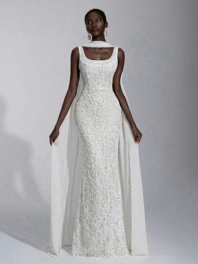 Elitara Elegant Apricot Luxurious Romantic 3D Lace Cord Fabric Luxury Minimalist Glamorous Spaghetti Strap High Waist Slimming Long Straight Bodycon Skirt, Suitable For Brides, Gifts, Formal Dinners, Bridal Gowns