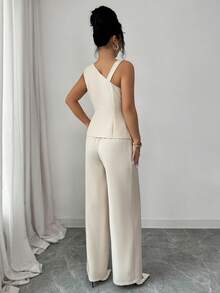SHEIN Elenzya Bộ đồ nữ mùa hè thanh lịch, thoáng khí, cài cúc phía trước, gồm áo và quần. - Màu be - Xem 2