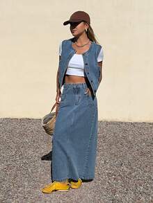 DAZY 女士休闲圆领短袖上衣和牛仔裙套装 - 淺色水洗藍 - 查看 3