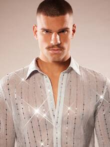 FeverCity Men's Sequin Embellished Long Sleeve Casual Shirt - Silver - View 7