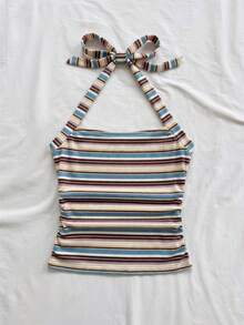 Soleia Women's Vacation Halter Neck Multicolor Striped Fitted Tank Top,Summer Top - Blue - View 6