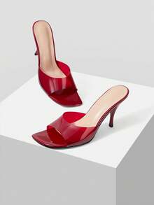 Mnmlis Sandalias de tacón alto para mujer, elegantes sandalias de tacón de aguja con diseño transparente y abierto en la punta, tipo mule deslizante, para fiestas, primavera/verano - Burdeos - Ver 6