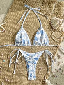 Swim Vcay Springbreak 女士夏季沙滩贝壳印花露背系带性感比基尼泳装套装 - 彩色 - 查看 2