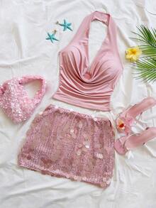 Soleia 2pcs Pink Sequin Vacation Set For Women - Baby Pink - View 5