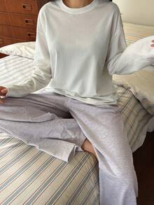 DAZY 2pcs/Set Women Loose Long Sleeve T-Shirt And Long Pants Pajama Set, Casual Spring Outfit - White - View 1