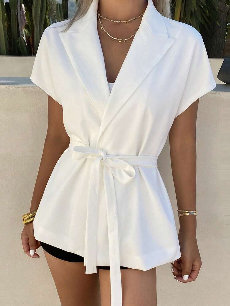 Women's Collared Waist Cinched Sleeveless Elegant Blouse For Work Summer