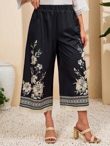 EMERY ROSE Plus Size Women Floral Print Elastic Waist Cropped Pants, Casual Holiday,Going Out,Spring Clothes,Beach Shorts,Vacation Outfits Women Wide Leg Capri Pants Boho Pants For Women Wide Leg Summer Pants, Summer Outfits, Spring Clothes Women,Blue Top,Vacation Outfits Women Floral Pants For Women Print Pants Floral Print Pants Bohemian Pants Women Wide Leg Pant Wide Leg Pants Woman High Waist Women S Summer Pants - Multicolor - View 4