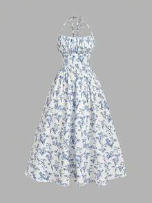 SHEIN MOD Đầm maxi cổ yếm in hoa dành cho nữ, xếp ly ở phần ngực. - Xanh và trắng - Xem 5