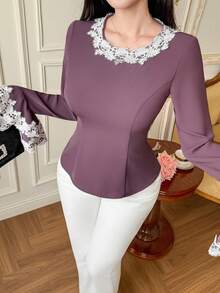 DAZY Women's Elegant Contrast Color Lace Patchwork Round Neck Flare Sleeve Blouse, Spring/Summer - Purple - View 4