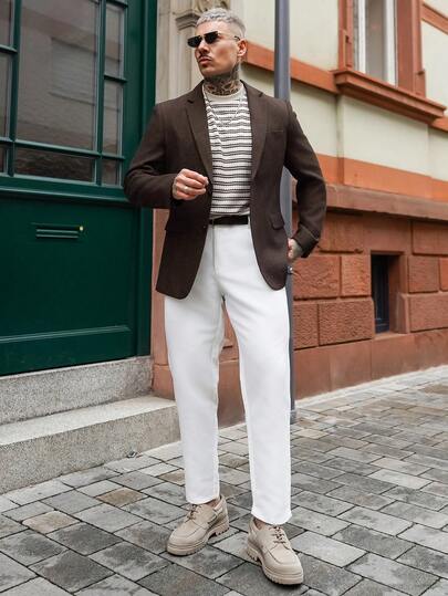 Artur Kramer Furuyal Men's Herringbone Tweed Suit Set, Single Suit Jacket, Elegant Men's Suit Set, Gentleman Solid Color Double-Breasted Slim Fit Formal Wear, Business Formal Single-Breasted Wedding Suit, Banquet Vintage Style, Dark Brown, Size XS-3XL