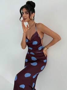 Firerie Women's New Retro Polka Dot Chocolate Blue Dot Mesh Plunging Neck Backless Dress, Fashionable Sexy Style Dress - Chocolate Brown - View 4