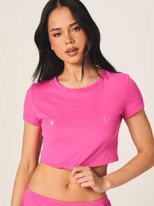 MISSGUIDED 女士露脐短袖T恤热裤睡衣套装，可爱太阳刺绣短袖家居服夏季睡衣配套睡衣套装 - 玫紅色 - 查看 2