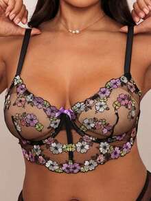 SHEIN BAE 2pcs Plus Size Women Contrast Color Embroidered Sexy Lingerie Set - Black - View 1