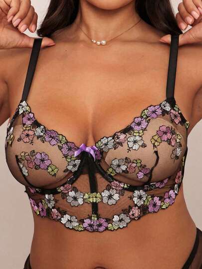 SHEIN BAE 2pcs Plus Size Women Contrast Color Embroidered Sexy Lingerie Set