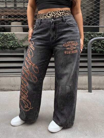 SHEIN PETITE CURVE 大码女式复古蓝色宽松直筒牛仔裤