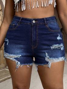 SHEIN PETITE CURVE Plus Size Women's Y2K High Waist Distressed Denim Shorts Dark Blue Ripped Frayed Hem Casual Summer Streetwear Plus Size Summer Casual Washed Distressed Denim Shorts - Dark Wash - View 7