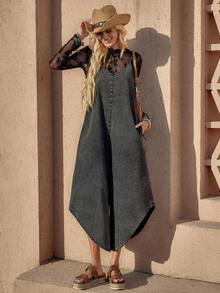 Wildy Bộ jumpsuit nữ phong cách BOHO giản dị kiểu miền Tây nước Mỹ cổ điển, nhuộm tie-dye rách rưới, ống rộng, có túi, không tay, thích hợp mặc hàng ngày vào mùa xuân hè. - màu đen - Xem 8