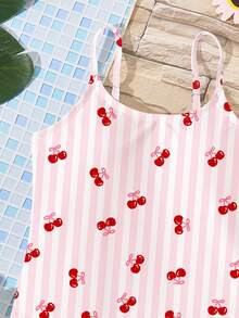 Cute Retro Ins Style Cherry Pink Striped Print Pattern, Tween Girls Casual Minimalist Camisole One-Piece Swimsuit, Suitable For Spring/Summer Vacation, Beach Photo Shoot Matching, Summer Vacation, Aesthetic Swimsuit, Pool Party, Summer Camp, Cottagecore, Beachwear - Multicolor - View 3