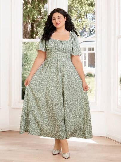 Solflare Vestido casual de manga corta con estampado floral y lazo delantero para mujer talla grande, primavera/verano