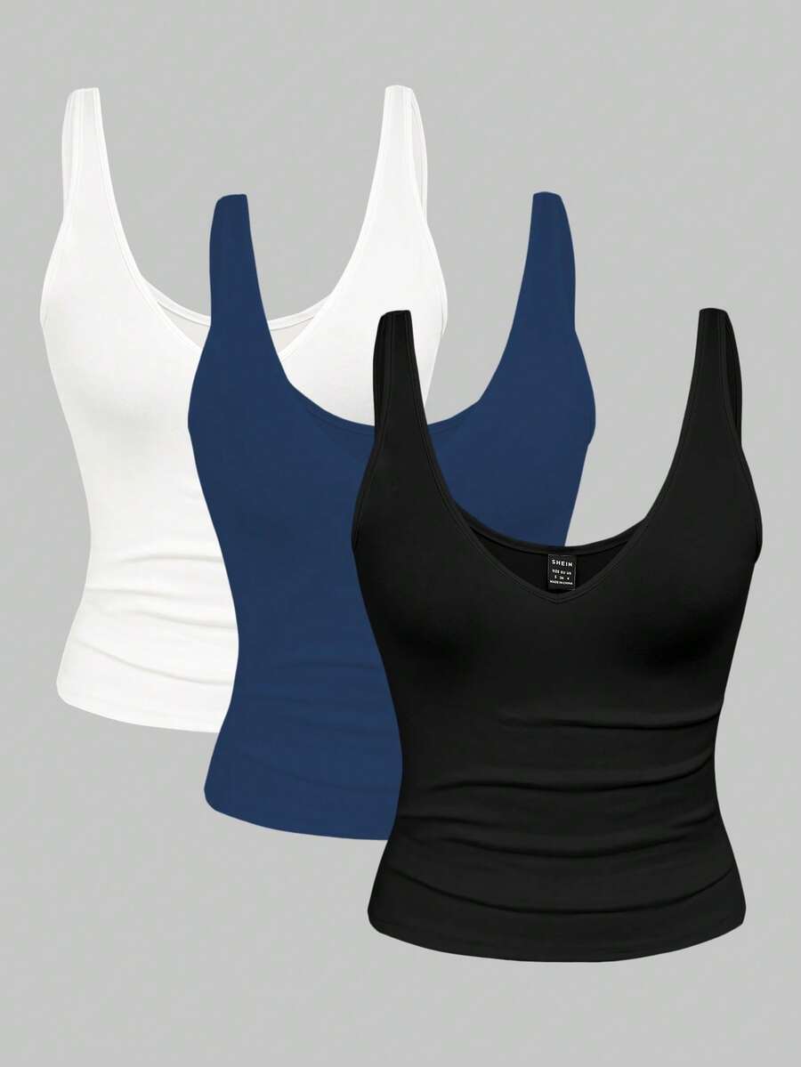 Franclia Bộ 2-3 chiếc áo hai dây ngắn ôm sát mùa hè, họa tiết da báo và màu trơn, cổ chữ V dành cho nữ. - Nhiều màu - Xem 1