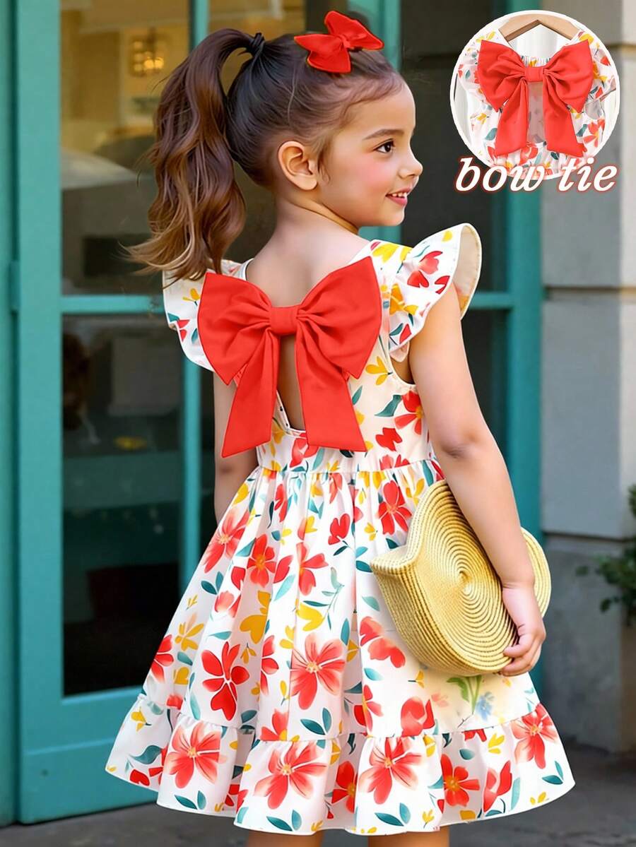 SHEIN Elladie kids 女童春夏新款休闲时尚连衣裙,红色花卉数码印花图案,圆领无袖荷叶袖,后背镂空设计,红色3D蝴蝶结装饰,腰部褶皱荷叶边下摆,适合年轻女孩穿着,可爱舒适。 - 橘色 - 查看 1