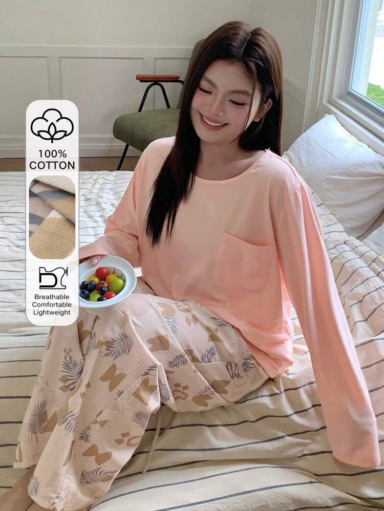 Dazy Plus Plus Size Women Floral Print Pocket Long Sleeve Top And Pants Pajama Set, Casual Home Wear For Spring And Autumn