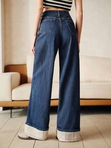 Anewsta Women's Elegant Patchwork Plaid Romantic Party Casual Vacation Blue Straight Leg Cuffed Jeans, Spring/Summer - Blue - View 3