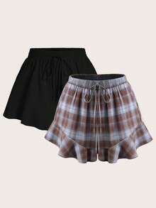 CosyJoli 大码纯色短裤，法式荷叶边下摆 - 彩色 - 查看 2