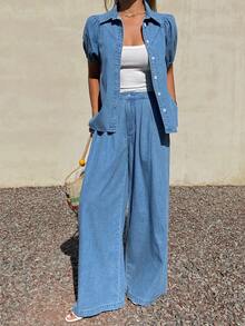 Livesso Women's Casual Washed Petal Sleeve Shirt And Wide Leg Jeans Set, Spring/Summer - Medium Wash - View 3