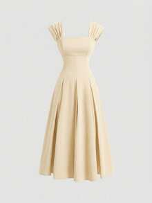 Tween Girl Elegant Sleeveless Wide Strap Ruched Flared Dress,Apricot White Summer Party,Girls Formal Modest Cream Long Beige Classy Spring Dresses - Apricot - View 2