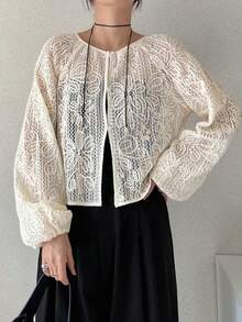 FRIFUL 女士休闲度假风刺绣网纱透视上衣，春夏秋季长袖上衣 - 杏色 - 查看 5