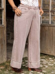 EMERY ROSE Plus Size Solid Color Slant Pocket Casual Versatile Wide Leg Jeans - Maroon - View 3