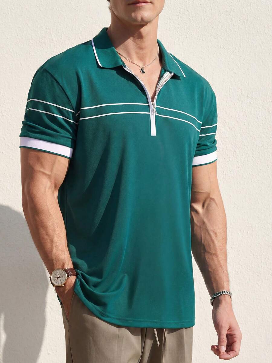 Airaco Summer Celebration Season Green Half-Zip Striped Breathable Polo Shirt, Luxury Date & Casual Wear For Men - Dark Green - View 1