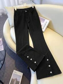 GlowEve Women's Casual Washed Denim Flare Pants - Black - View 1