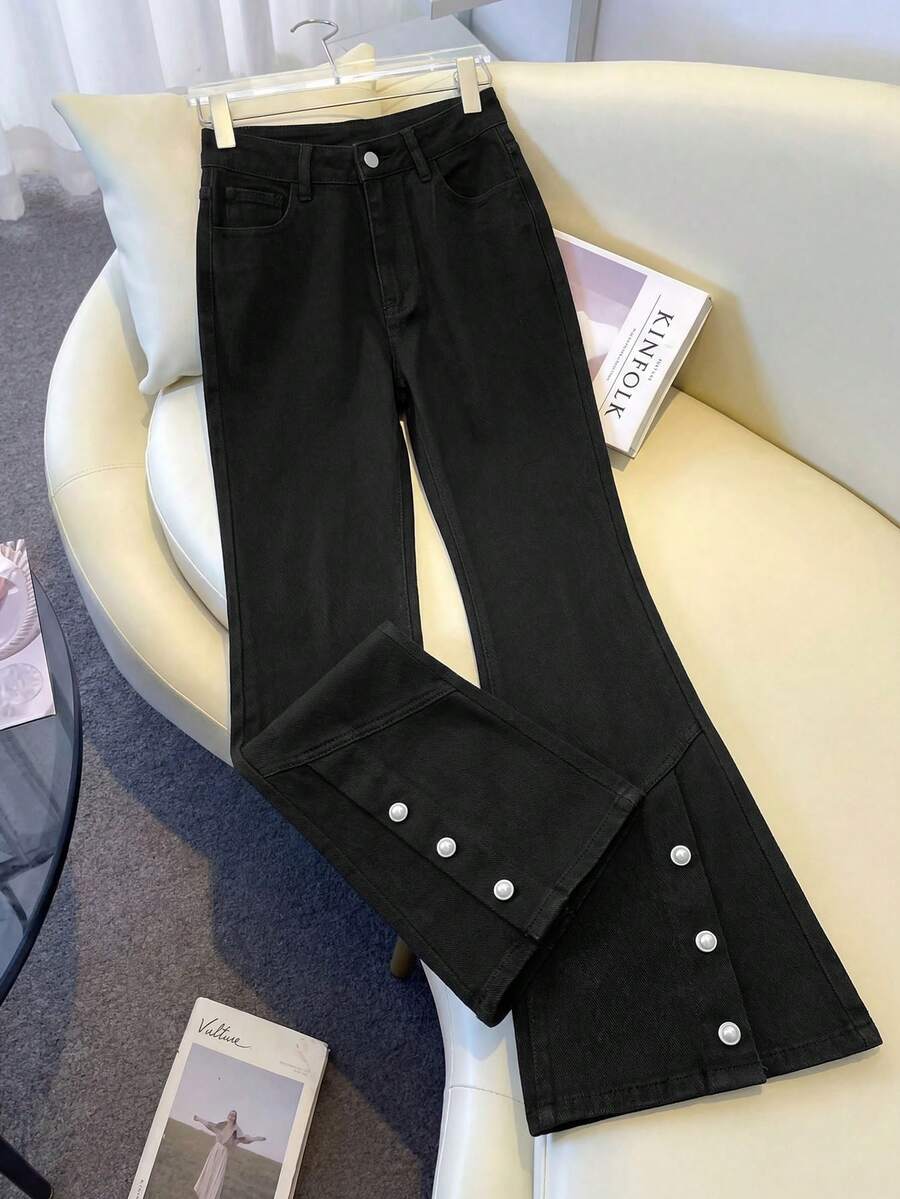 GlowEve Women's Casual Washed Denim Flare Pants - Black - View 1