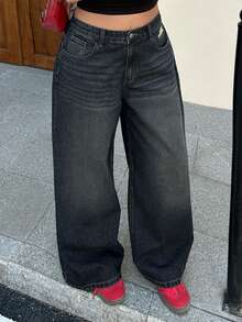 Dazy Plus Jeans de pierna ancha y larga de talla grande con efecto desgastado y lavado - Azul lavado oscuro - Ver 6
