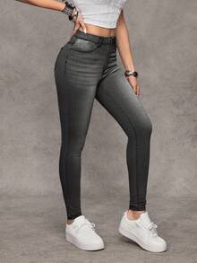 Jeanoix 女士口袋修身休闲百搭牛仔裤 - 黑色 - 查看 4