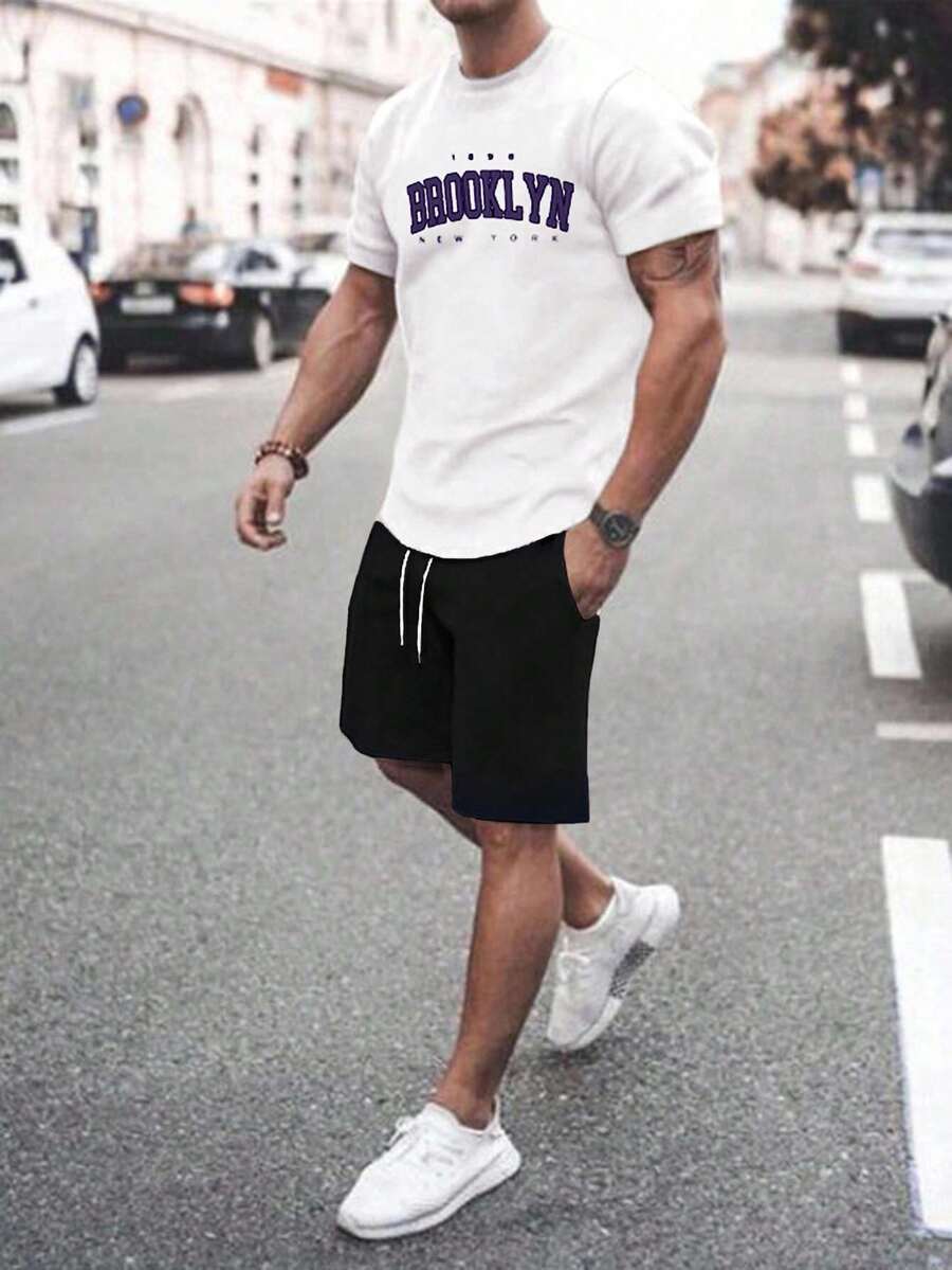 SHEIN Cottnline 男士字母印花常規T恤和短褲套裝 - 藏蓝色 - 查看 1