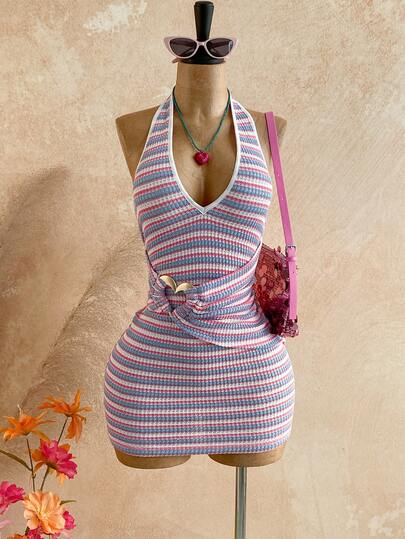 Soleia 春夏新款休闲度假西部海滩婚礼宾客着装毕业早午餐圣帕特里克节春假复活节音乐节优雅波西米亚热带风情金属装饰条纹针织纹理露背系带连衣裙