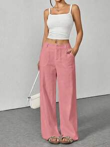 Washed Cotton Casual Solid Color Low-Waist Straight Leg Pants - Pink - View 4