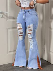 Slaydiva Women's Pocket Distressed Frayed Hem Flare Leg Jeans - Light Wash - View 3