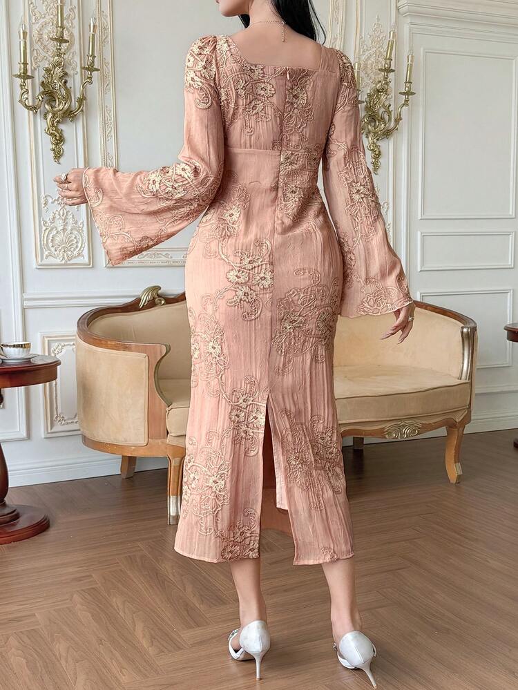 Women's Elegant Floral Print Square Collar Petal Sleeve Ruffle Hem Mid-Length Dress, Summer Boho