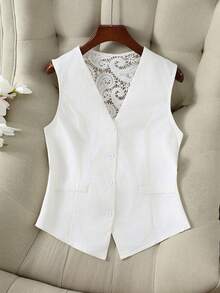 GlowEve CURVE Plus Size Women V-Neck White Blazer Vest, Lace Hollow Back Design, Slim Waist, Versatile For Commuting, Summer - White - View 2