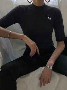 DAZY Women's Mock Neck Fitted Ribbed Half Sleeve Sweater With Embroidered Pattern Summer - Black - View 2