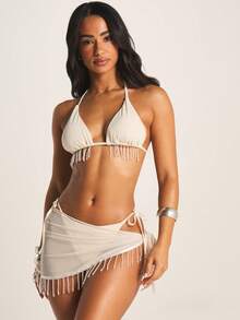 MISSGUIDED Women's Halter Triangle Bikini Set With Fringe Beach Coverup Sarong Summer Swimwear - Grey - View 1